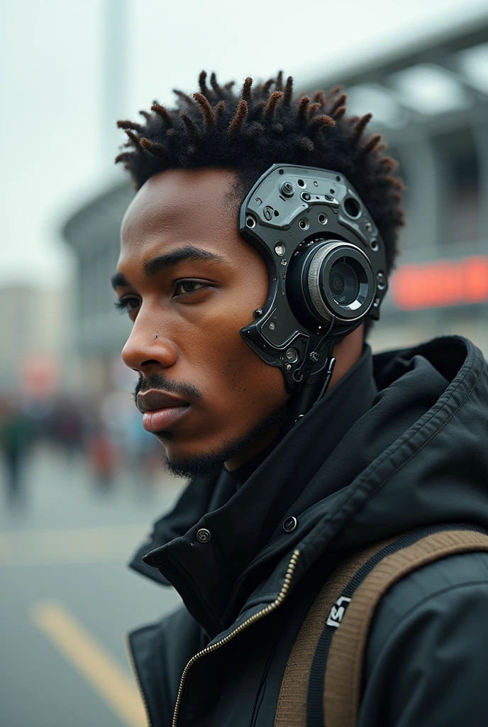 Create an image of a cyborg young man, Afro-Portuguese descent cyborg man, part of your face will be a machine, Photo in İstanbul, Besiktas, Besiktas stadium, Eagles Flying around, (8k, RAW photo, best quality, masterpiece:1.2), (realistic, photo-realistic:1.37), best quality, ultra high res, (natural skin texture, hyperrealism, soft light, sharp:1.2), (focus face:1.2), (high contrast:1.1), (intense:1.1), (detailed:1.1), (highest quality, (analog:1.2), (high sharpness), real shadow, photographed by Canon EOS R6, 135mm, 1/1250s, f/2.8, ISO 400