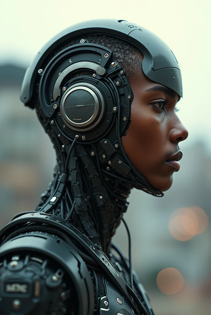 Create an image of a cyborg young man, Afro-Portuguese descent cyborg man, part of your face will be a machine, Photo in İstanbul, Besiktas, Besiktas stadium, Eagles Flying around, (8k, RAW photo, best quality, masterpiece:1.2), (realistic, photo-realistic:1.37), best quality, ultra high res, (natural skin texture, hyperrealism, soft light, sharp:1.2), (focus face:1.2), (high contrast:1.1), (intense:1.1), (detailed:1.1), (highest quality, (analog:1.2), (high sharpness), real shadow, photographed by Canon EOS R6, 135mm, 1/1250s, f/2.8, ISO 400