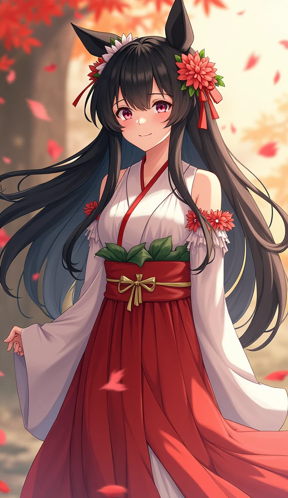 Highest quality, (masterpiece:1.35), wallpaper, (shape), original, (Written boundary depth), (one person's:1.35), (alone), whole body, dynamic, Detailed face,Mature Woman, Adult, (old:1.3), Mid-chest, Amused, Happy,Shrine maiden costume, Floral decoration,Ridiculously long hair, Black Hair,Dog ear volume lighting, Fallen leaves, Tyndall effect,Makoto Shinkai style,Shorten the skirt a little