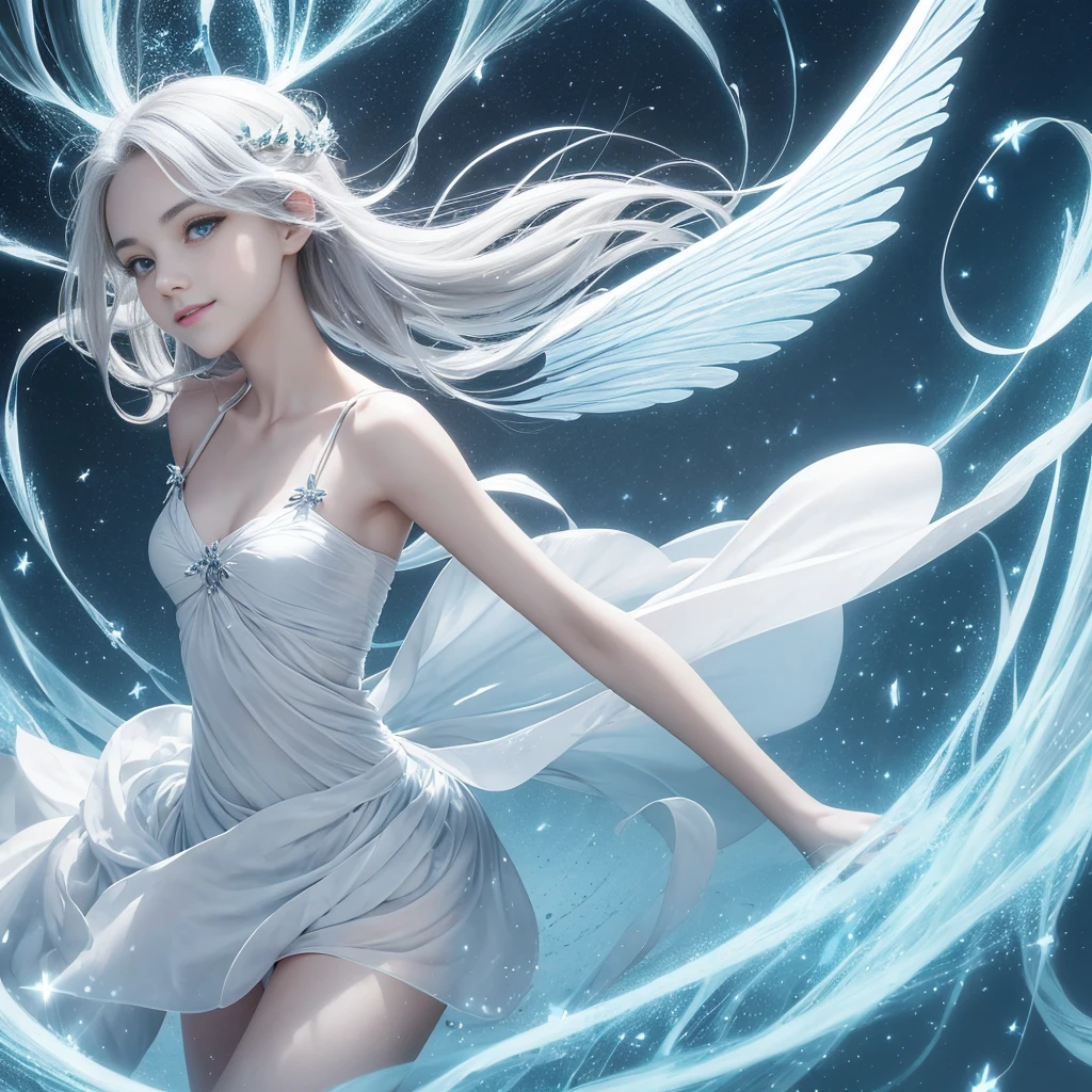 "A Sylphid Fairy, an agile and lively being who commands the power of the wind. She has flowing silver or white hair, light and airy, resembling the breeze itself. Her wings are delicate and transparent, with a subtle shimmer that reflects the light. Her eyes are large, clear, and bright, capturing the essence of a clear sky, while her nose is small and finely sculpted, complementing her delicate facial features. She appears to be in her early teens, though her true age is timeless. She wears minimalistic attire that hints at the freedom of the wind, allowing her to move swiftly and gracefully. Her smile is playful and mischievous, with lively, sparkling eyes that convey her spirited nature. Sylphid Fairies are born from the energy of wind spirits, emerging in high places or within storms, embodying the boundless freedom and speed of the wind."