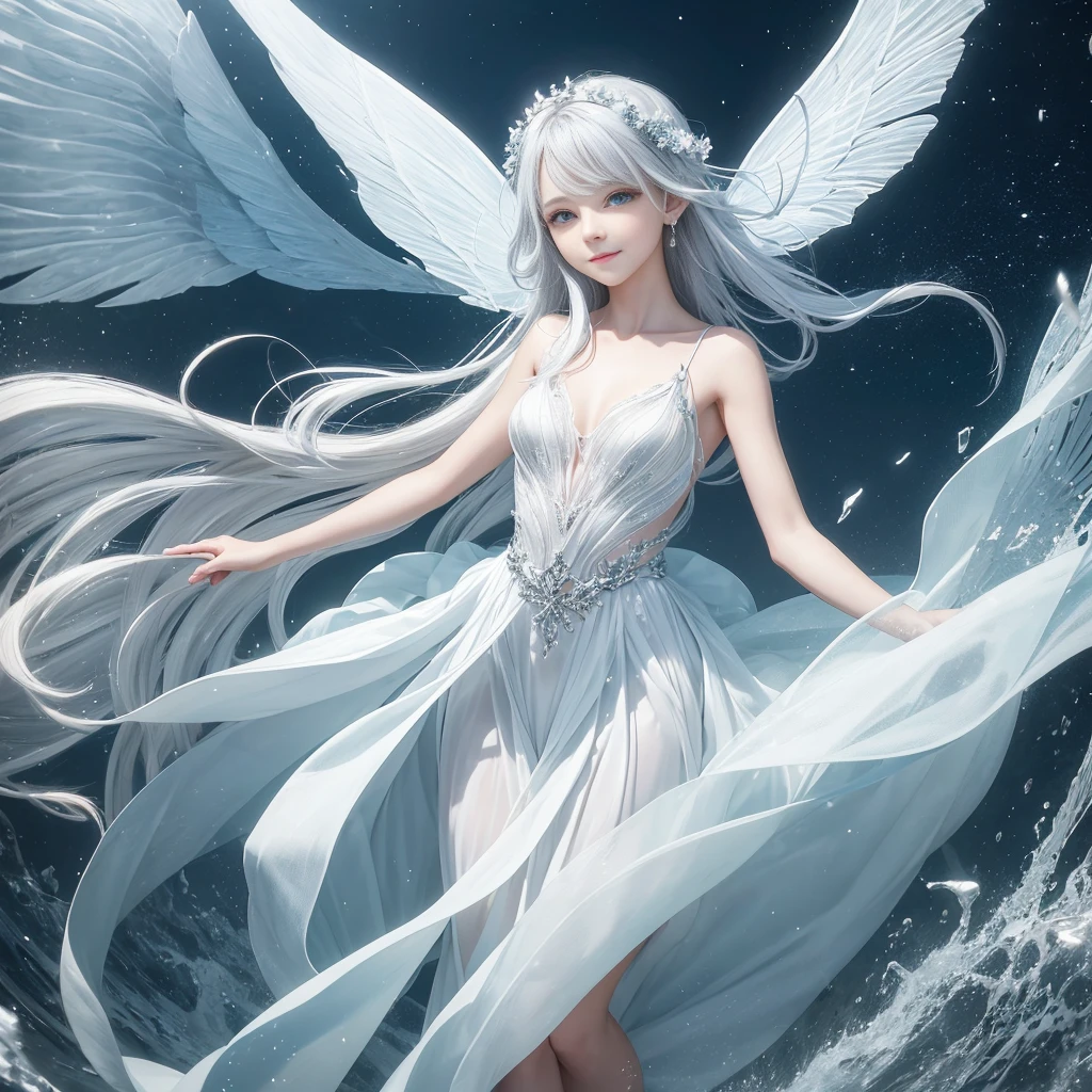 "A Sylphid Fairy, an agile and lively being who commands the power of the wind. She has flowing silver or white hair, light and airy, resembling the breeze itself. Her wings are delicate and transparent, with a subtle shimmer that reflects the light. Her eyes are large, clear, and bright, capturing the essence of a clear sky, while her nose is small and finely sculpted, complementing her delicate facial features. She appears to be in her early teens, though her true age is timeless. She wears minimalistic attire that hints at the freedom of the wind, allowing her to move swiftly and gracefully. Her smile is playful and mischievous, with lively, sparkling eyes that convey her spirited nature. Sylphid Fairies are born from the energy of wind spirits, emerging in high places or within storms, embodying the boundless freedom and speed of the wind."