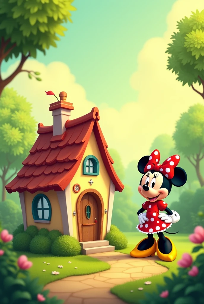 Lemon green background with Minnie's house and Minnie Mouse and her friend Daysi
