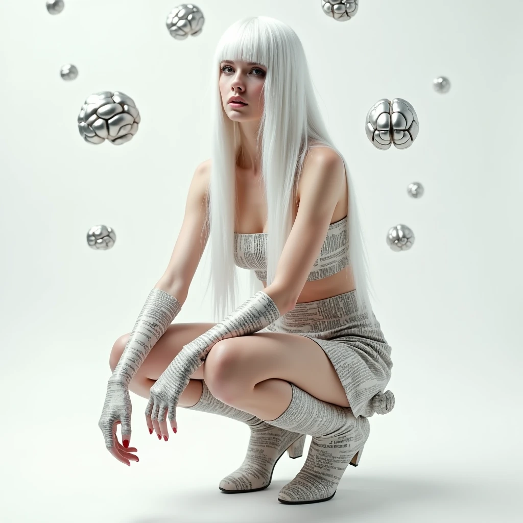 A woman with long straight white hair,she will wear a paper crop top made from newspaper,a mini paper skirt made from newspaper and a boot made from newspaper,she will be crouched and the background will be white with little metallic brains floating in the background,I want her beautiful ,she will wear a newspaper glove