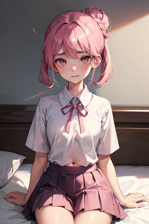 NSFW、((table top, highest quality, High resolution, nffsw, perfect pixel, 4K, ticker, ticker))), highest quality, Super detailed, ((1 boy and 1 girl, open your mouth, blowjob,), kneel down, on the bed, (Anime girl with pink hair and pink tie cat ears), ((detailed face, blush:1.2)), ((smooth texture:0.75, realistic texture:0.65, realistic:1.1, Anime CG style)), ((black maid outfit, white shirt, black skirt, unbuttoned shirt))、((white knee-high sox)), (White floral lace panties、micro panties)、(Cute floral bra)、Very small underwear、pink eyes,
