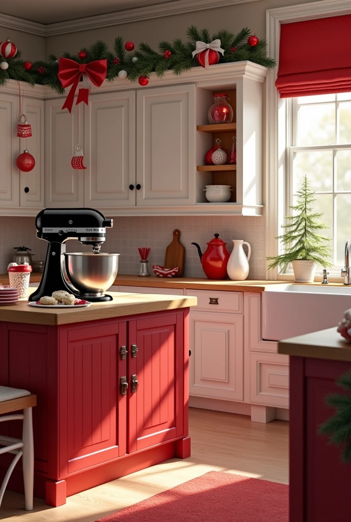 Please create an image of a kitchen decorated for Christmas with white and red colors and some utensils in red or black., in the background there is a cupboard with three doors, a shelf and three more doors underneath, next to this cabinet there is a bench, on the other side there is another vertical cabinet with three shelves, in the middle of the kitchen there is an island where gingerbread cookies are prepared and on top of this island there is a black Kitchen Aid mixer. The kitchen only has a view from the front, has no side part.