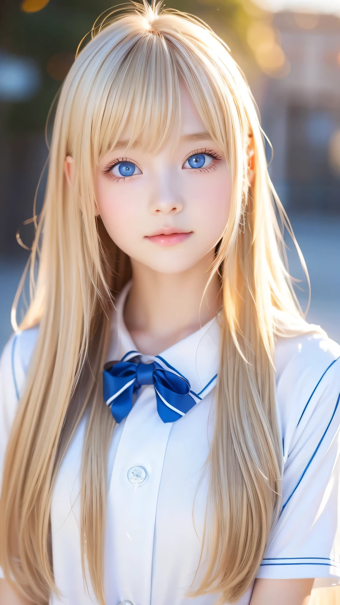 A very beautiful Nordic girl、Super long silky shiny metallic butter blonde hair、Cute beautiful girl with sexy messy bangs、Hair above the eyes、片Hair above the eyes、Hair between the eyes、uniform、Super long beautiful blonde hair、Beautiful bangs between the eyes、Very beautiful cute face、Cute beautiful gentle expression、high school girl、Big, pale, very bright sky blue eyes that shine beautifully、Small Face Beauty、Round face、Snow-white glossy skin、
