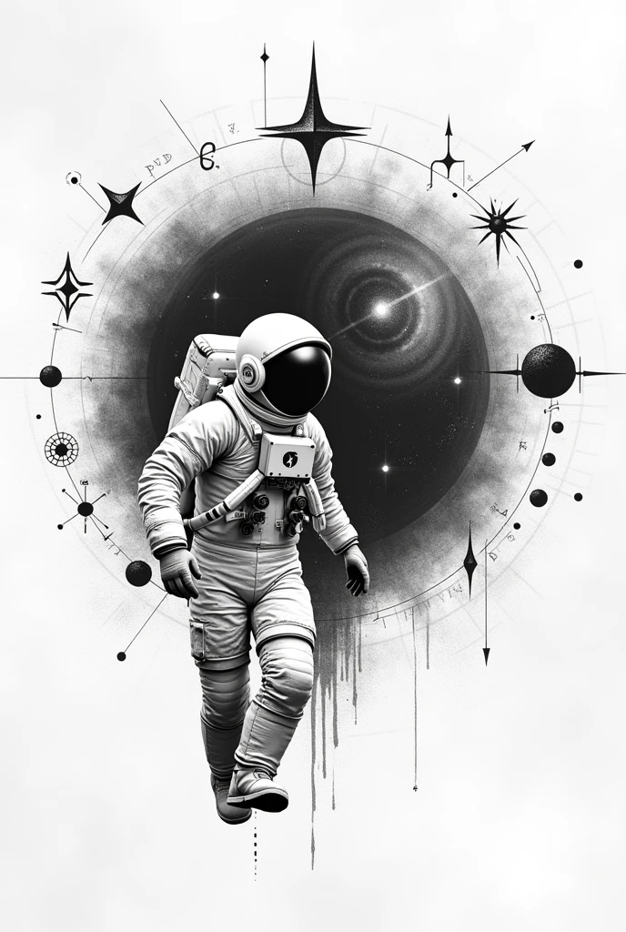 Traced drawing of an astronaut exiting a galaxy. Around the galaxy add mathematical and artistic symbols in black and white