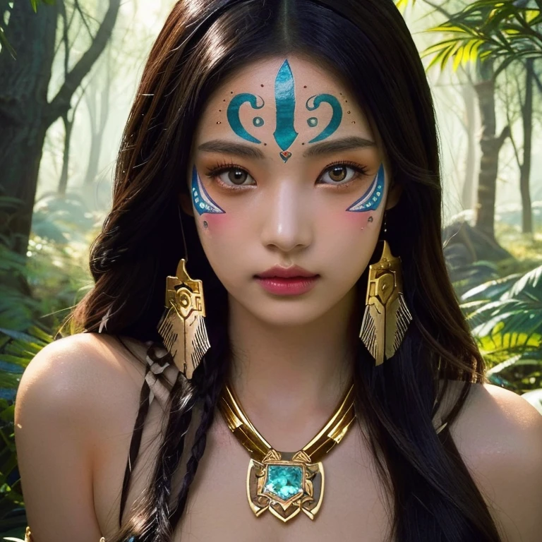 anime girl with white face paint and golden jewelry in the forest, Native American woman, aztec princess, fantasy art style, dark skinned female goddess of love, beautiful avatar photos, rossdraws | tanned skin, epic fantasy art style, brunette anime manga girl, :: rossdraws, artgerm y rossdraws, rossdibuja 2. 5, digital anime illustration, extremely detailed artistic germ