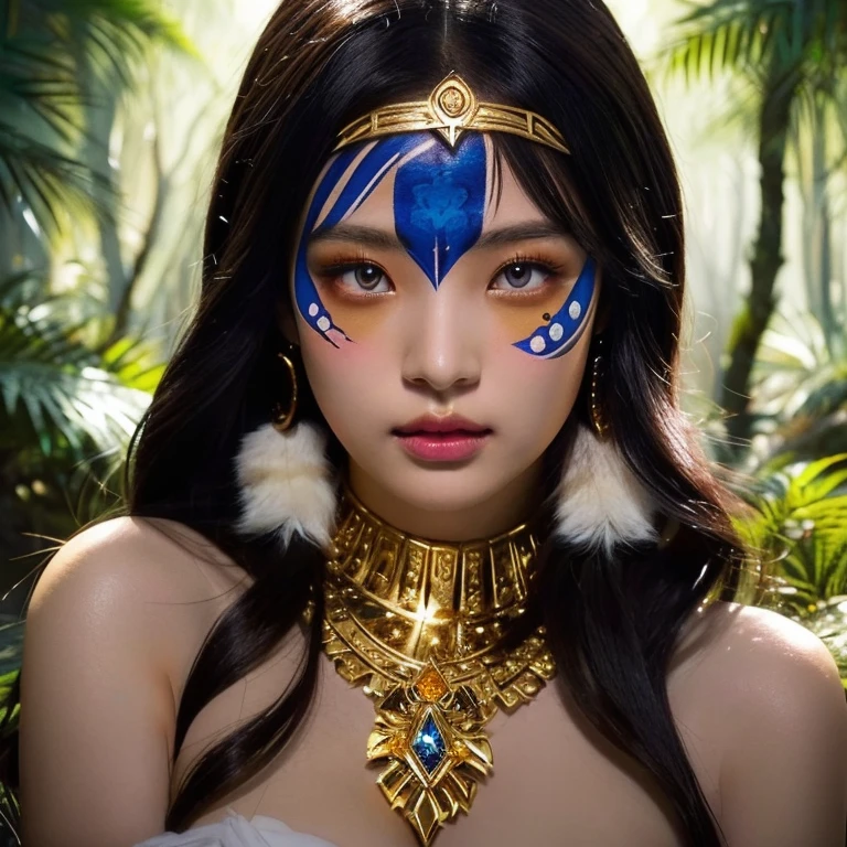 anime girl with white face paint and golden jewelry in the forest, Native American woman, aztec princess, fantasy art style, dark skinned female goddess of love, beautiful avatar photos, rossdraws | tanned skin, epic fantasy art style, brunette anime manga girl, :: rossdraws, artgerm y rossdraws, rossdibuja 2. 5, digital anime illustration, extremely detailed artistic germ