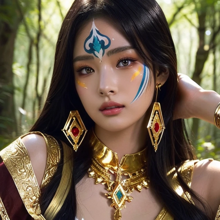 anime girl with white face paint and golden jewelry in the forest, Native American woman, aztec princess, fantasy art style, dark skinned female goddess of love, beautiful avatar photos, rossdraws | tanned skin, epic fantasy art style, brunette anime manga girl, :: rossdraws, artgerm y rossdraws, rossdibuja 2. 5, digital anime illustration, extremely detailed artistic germ