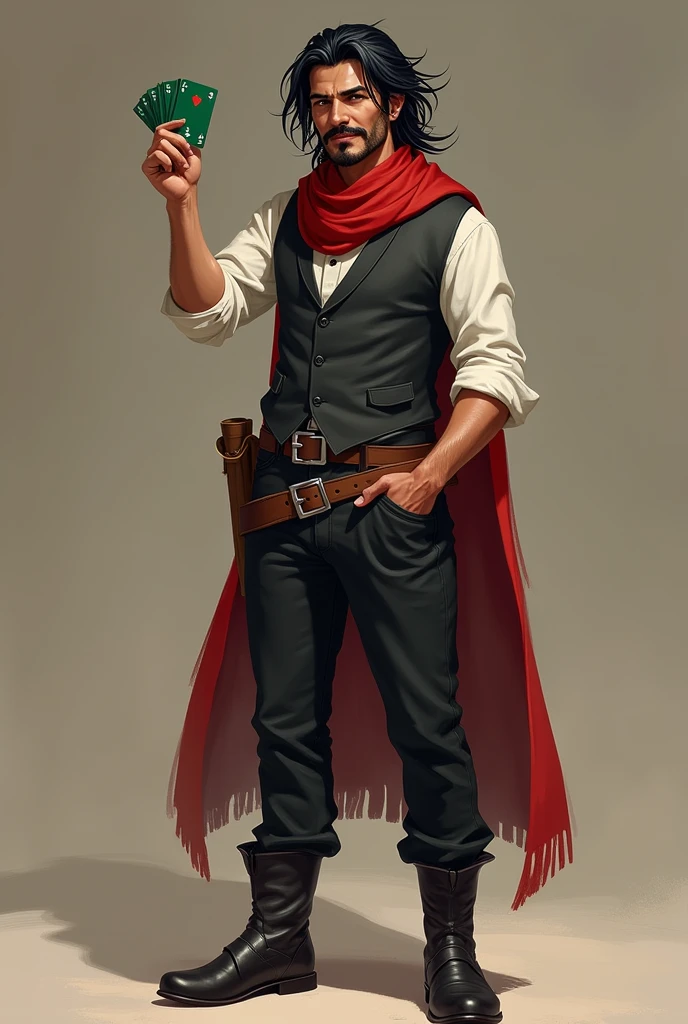 He is a well-groomed Mexican peddler with long, messy dark hair and a well-groomed mustache and goatee. He is 5'9" tall and wears a dark vest and a plain white shirt. He wears a black hat. He has black pants with a buckle and black boots. A red scarf is wrapped around his neck. He holds a green deck of cards in one hand, while the other hand is in his pocket. He is a cheerful individual who radiates power, but is very kind. The character is to be styled in a fantasy RPG art style, set in the Old West. He is mature.
