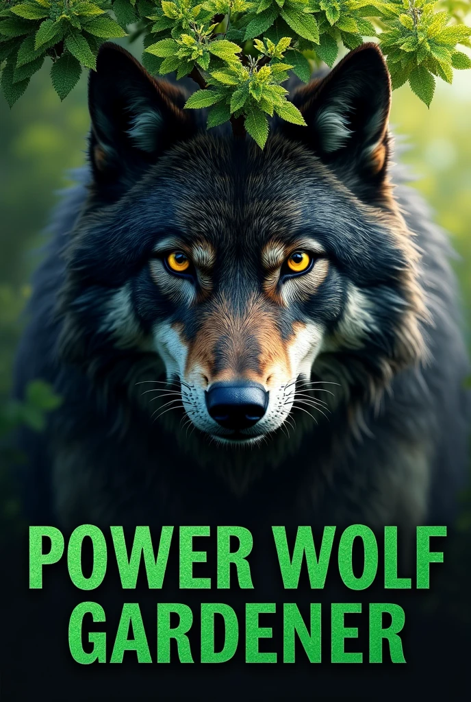 (photorealism:1.2), This image features a powerful and majestic wolf head, front and center, with intense yellow eyes and thick, dark fur. Above the wolf's head, there is a tree with lush, green leaves, giving the impression that the wolf is connected to nature. Below the image, the text reads 'POWER WOLF GARDENER' in bold, uppercase letters. The word 'POWER WOLF' is in black, and 'GARDENER' is in green."