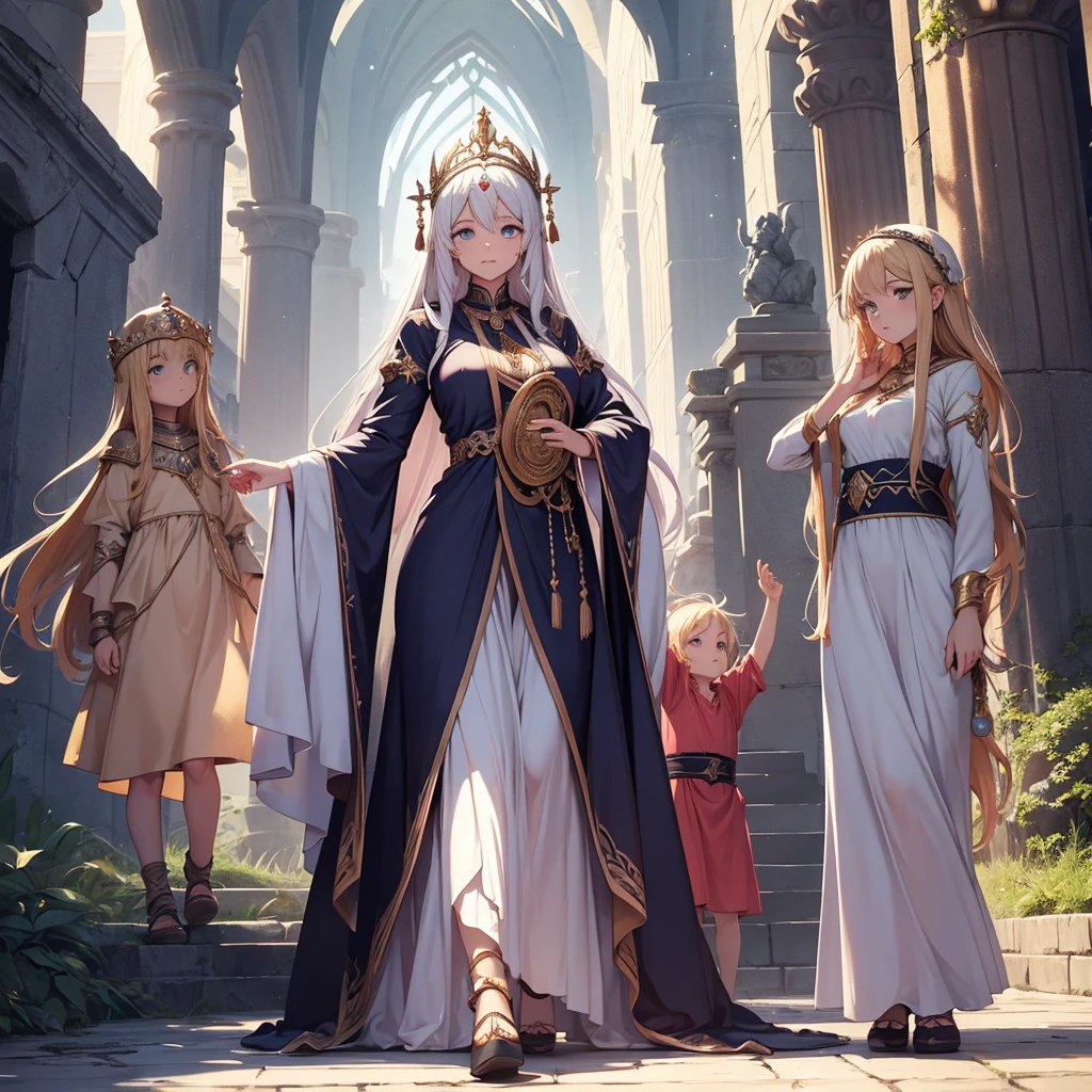 Goddess witb a dress on and in the realm of gods with her children of pure hearted souls and background of the divine realm