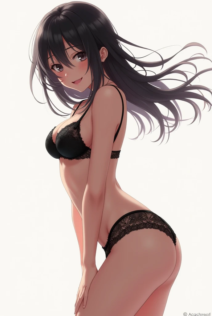 A beautiful girl in anime style bent over and she has black lace panties