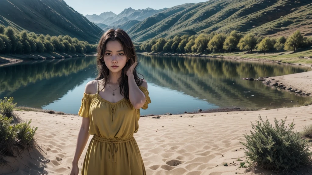Create an impactful YouTube cover with a background in harmonious colors of yellow, green or red. In the center, highlight the phrase "Secrets of a Foreigner" in large, eye-catching letters. Below, in a smaller font, include the text "The True Story of Ruth, As Never Told!" The image should highlight the figure of Ruth, with a mysterious look, perhaps in a pose of reflection or determination, in a setting reminiscent of the biblical countryside or desert. The cover should evoke mystery and curiosity, drawing attention to the video content.