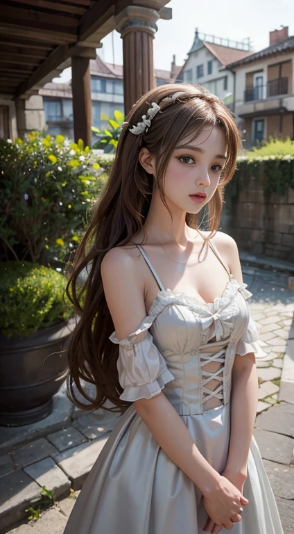 （8k， RAW photo， best quality， master piece：1.2），（Realistic， Realistic photos：1.4)
Lolita costume，race， Aerith Gainsbourg， Upper body， underwear，exposed bare shoulders， outside， ancient city， expensive、expensive quality， adobe light room， high detail skin， looking at the viewer，