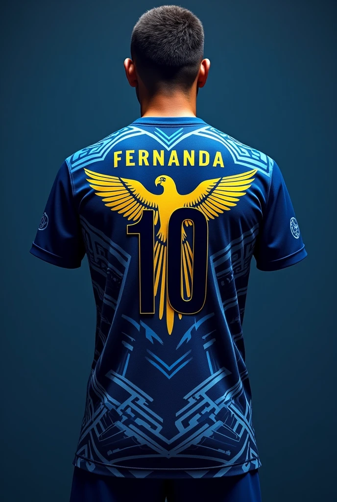 Dark Blue Football Shirt Back Indigenous Details: indigenous details in a light blue with geometric and traditional shapes throughout the shirt On the back a large open golden macaw flying in the center of the shirt with white details Number ten in black on top of the macaw And the name Fernanda below 