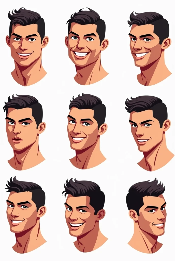 Only Cristiano Ronaldo's Head, 2D Cartoon Style, vectorized, svg, various positions, neckless, strong contour