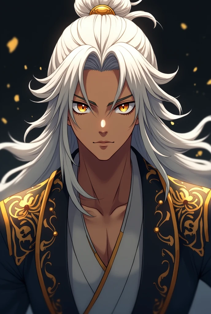 An anime character, Brown man, Cao Cao, long white hair, Golden pupils, white eyelashes, golden eyebrows, dark or black clothes with gold or silver details