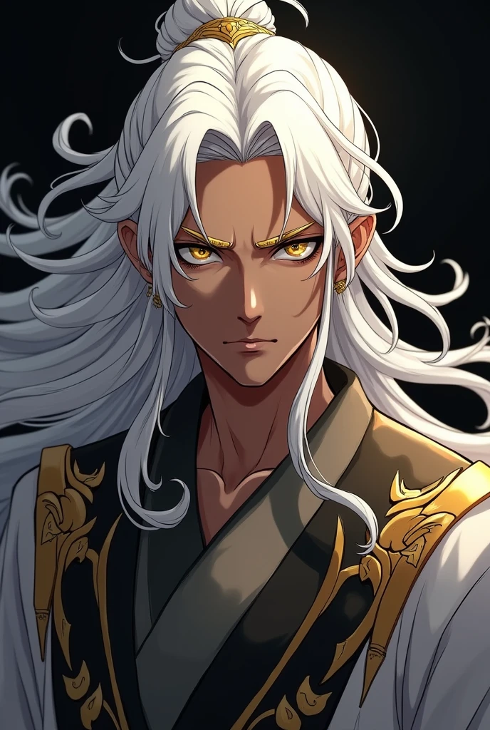 An anime character, Brown man, Cao Cao, long white hair, Golden pupils, white eyelashes, golden eyebrows, dark or black clothes with gold or silver details