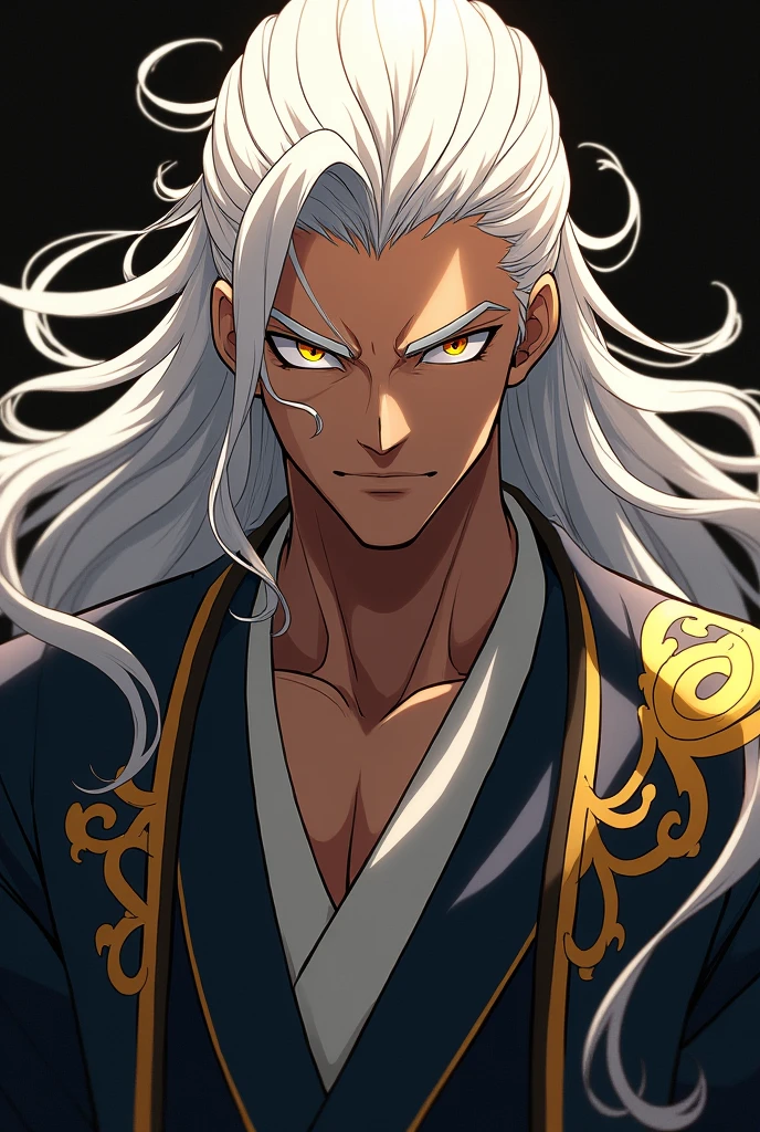 An anime character, Brown man, Cao Cao, long white hair, Golden pupils, white eyelashes, golden eyebrows, dark or black clothes with gold or silver details