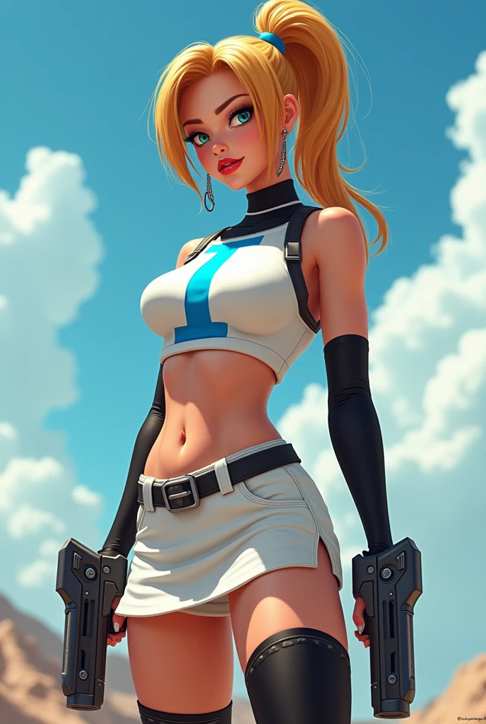 Create an image of Samus Aran with a stylish twist. She should have a ponytail secured with a hair tie, glossy lips, and earrings. Outfit her in a Team Rocket-inspired uniform featuring a white crop top with a blue letter ‘I’ on it, a white skirt, black thigh-highs, and black elbow-length gloves. She should be holding two dual mini guns, with an evil smile on her face. Position her standing confidently, like Lara Croft, with a strong and commanding pose. Set the scene against a bright daytime sky with a clear, sunlit background