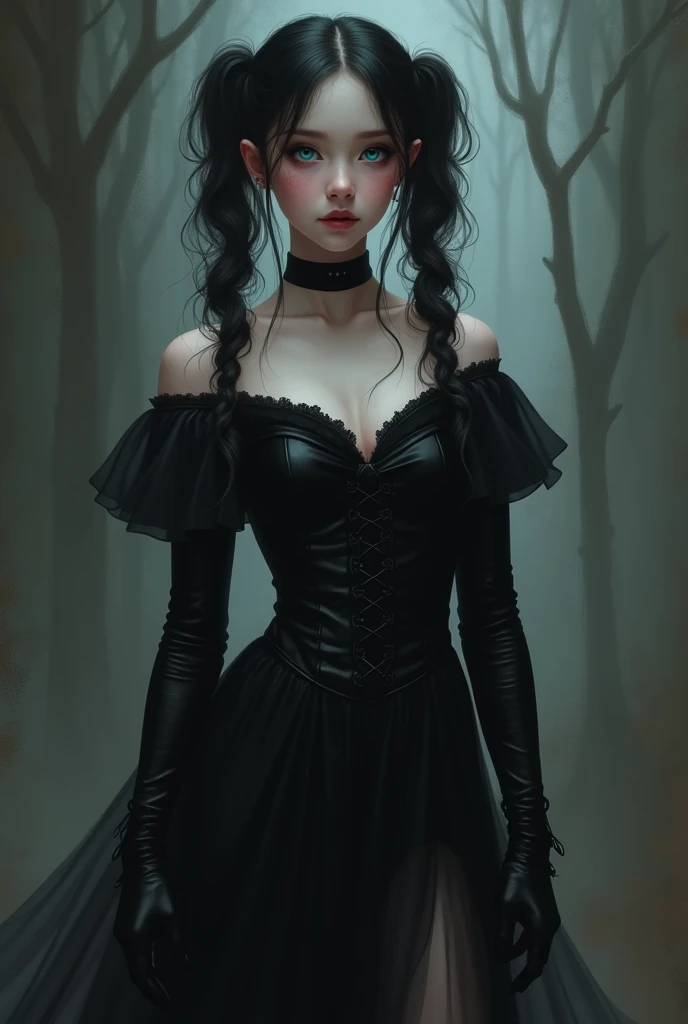 gothic teenager, gothic black dress, with hair in pigtails and pigtails. giant neckline, 30 cm high. blue eyes. pale and white skin. ??????????? and slim build. wavy hair in pigtails. full body image.