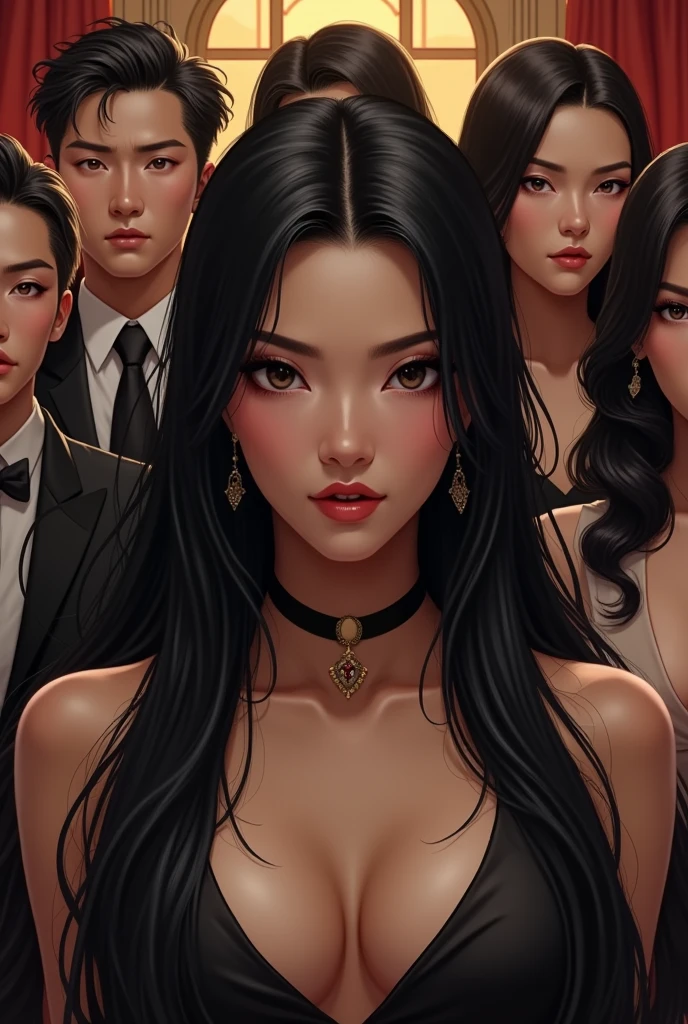 (masterpiece, Best Quality, High resolution, 32K HDR),chinese Mafia girl, man harem,strong woman,black long hair, real art