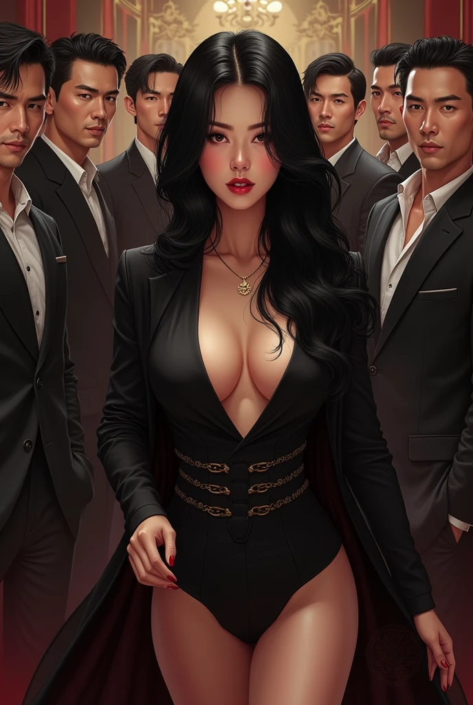 (masterpiece, Best Quality, High resolution, 32K HDR),chinese Mafia girl, man harem,strong woman,black long hair, real art