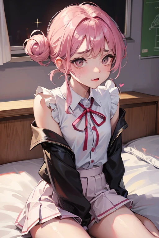 Chinese girl
,School uniform
,White pleated skirt
,Black messy bun
,Pink heart-shaped eyes
,small waist
,Sitting on the bed
,night time
,There is warm light from the bulb.
,Beautiful composition
,Taken by a professional photographer
,stick out your tongue
,My eyebrows droop.
,Happy shy
,Thin eyebrows, not too dark
,small nose
,There are some small bumps on the face.
,small breasts
,Don't be a jerk.
,small
,sparkling eyes
,pink mouth
,pink cheeks
,See the thighs and navel
,break out
,Hands tied
,Sweating
,There was milk spilled on it.