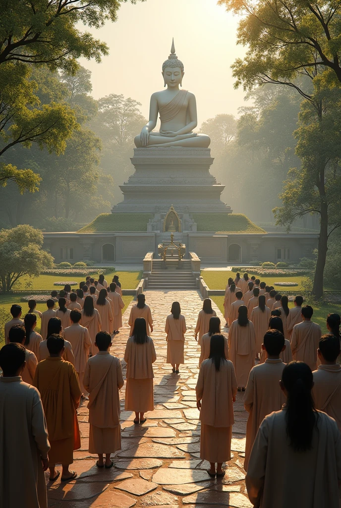 (Photorealism:1.2), "Try to visualize the atmosphere and feelings of visitors to the places where the Buddha was born, attained enlightenment, and passed away, emphasizing the serenity, sacredness, and inspiration that people receive from visiting these places.""Compare and contrast the differences and connections between the places of birth, enlightenment and nirvana of the Buddha, emphasizing the symbolism and meaning that each place reflects on the life and teachings of the Buddha."