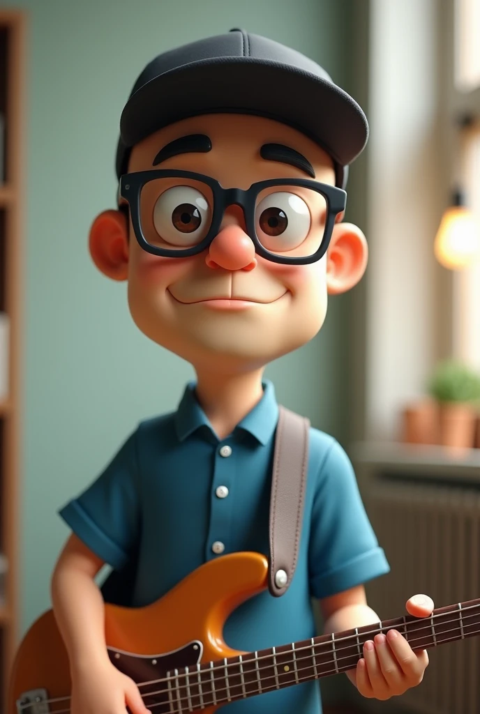 Cartoon character of a beardless 50-year-old Japanese man with a shaved head, a bass cap, black glasses and a blue shirt holding a bass guitar, Anime characters, Stylized characters, Animation-style rendering, 3D stylized, Arnold Maya Rendering, 3D rendering style, toon render keyshot, 3D Characters, 3D Characters, 3D rendering style, 3D Charactersレンダリング, Cartoon characters, Close-up Character, Character pose, (Pixar Style) (Master Parts:1.2) (Bokeh) (Highest quality) (Fine skin) (Fine texture) (8k) (clay) (Cinema Lighting) (Sharp focus)