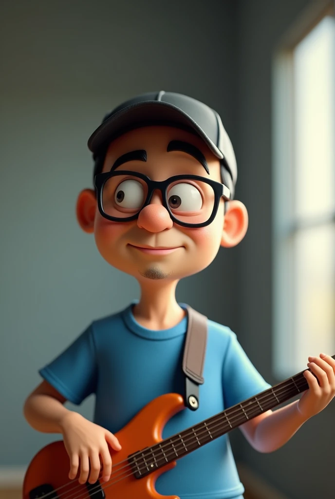 Cartoon character of a beardless 50-year-old Japanese man with a shaved head, a bass cap, black glasses and a blue shirt holding a bass guitar, Anime characters, Stylized characters, Animation-style rendering, 3D stylized, Arnold Maya Rendering, 3D rendering style, toon render keyshot, 3D Characters, 3D Characters, 3D rendering style, 3D Charactersレンダリング, Cartoon characters, Close-up Character, Character pose, (Pixar Style) (Master Parts:1.2) (Bokeh) (Highest quality) (Fine skin) (Fine texture) (8k) (clay) (Cinema Lighting) (Sharp focus)
