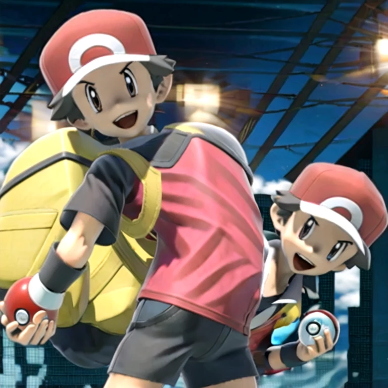 (masterpiece, best quality:1.2,ultra detailed,high resolution,zettai ryouiki),1boy,solo,red \(pokemon\),brown eyes,brown hair,backpack,hat,badge,black shirt,black wristband,jacket,short sleeves,looking at viewer,smile