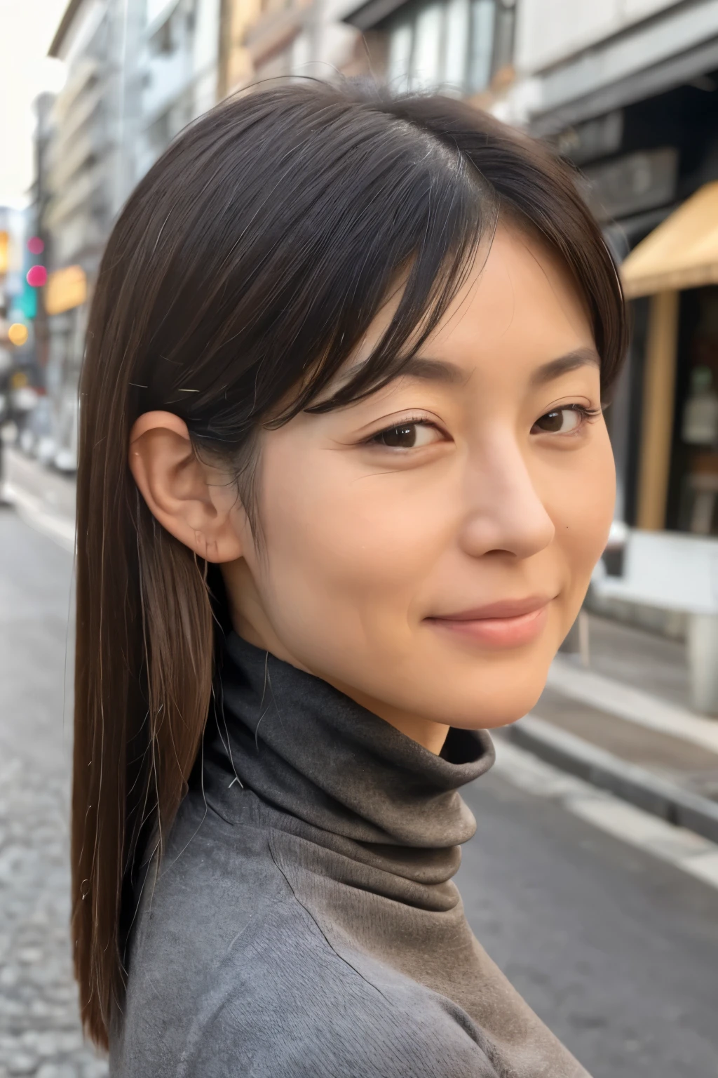 ((top-quality, in 8K, masterpiece:1.3)), Beautiful Japanese woman, perfect body:1.4, Slim abs:1.2, ((Straight hair:1.2)), (turtle neck:1.1), (a street:1.2), wetbody:1.5, Three-dimensional texture, A detailed eye, Brown hair, very thin waist, posterior view, looking back to the viewers