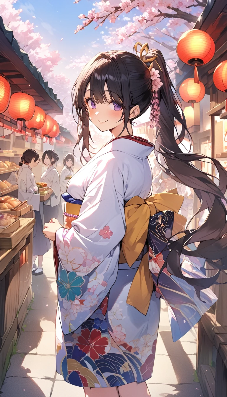 One Woman、beautiful girl、evening、kimono、Beautiful patterned kimono、ponytail、Waraji、School、Back of the school building、spring、cherry blossoms々、はためくcherry blossomsの花びら、Long Hair、Highest quality、Ultra HD、Black Hair、smile、8 heads、White tabi socks、Japanese Umbrella、smile、Cowboy Shot、festival、Many food stalls、Beautiful views、Turn your body forward.