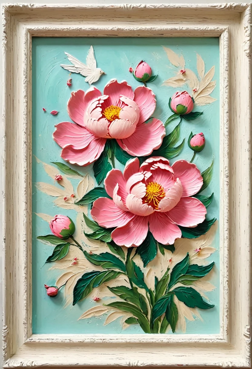 A painting in a white plaster frame:(((Soft tones,Chalk painting,Oil stick painting,flight,Thick coating,Uneven texture,Plaster texture,Graffiti)))。Korean style framed decorative painting,3D Decorating,French style peony flower