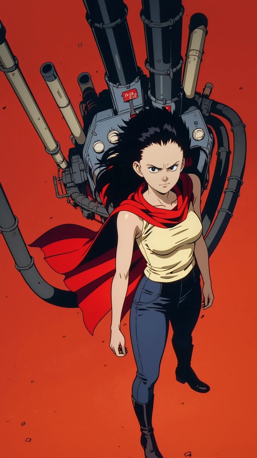 A girl, standing, female focus, (expressionless:1.2), long hair, white_sleeveless shirt, medium breast, black_pants, combat boots, torn red cape, (best quality, high resolution, outstanding composition, masterpiece:1.4), (bright red background, simple background:1.5), (technology, machinery, pipes, tubes:1.5), (from above:1.2), (manga linework:1.2), high details, author: Katsuhiro Otomo
