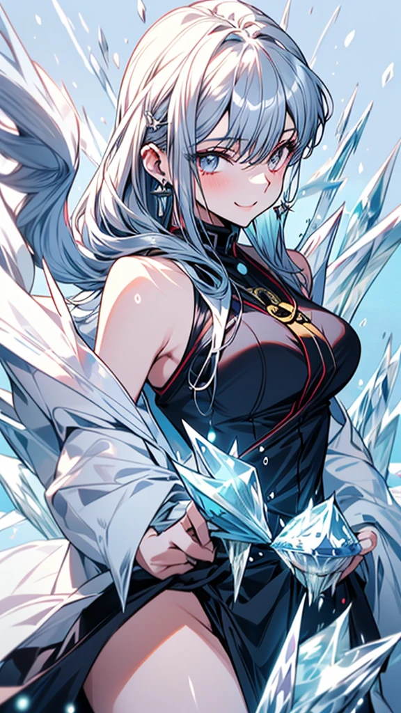 masterpiece, High resolution, accurate, Anatomically correct, most high quality, Very detailed, high quality, Ultra high definition, Big Tits Earrings, Sparkling eyes, Cowboy Shot, moving line, Speed Line, mage,sexy pose,(((one woman,master of ice:1.5))),smile,Different world,another world、湖