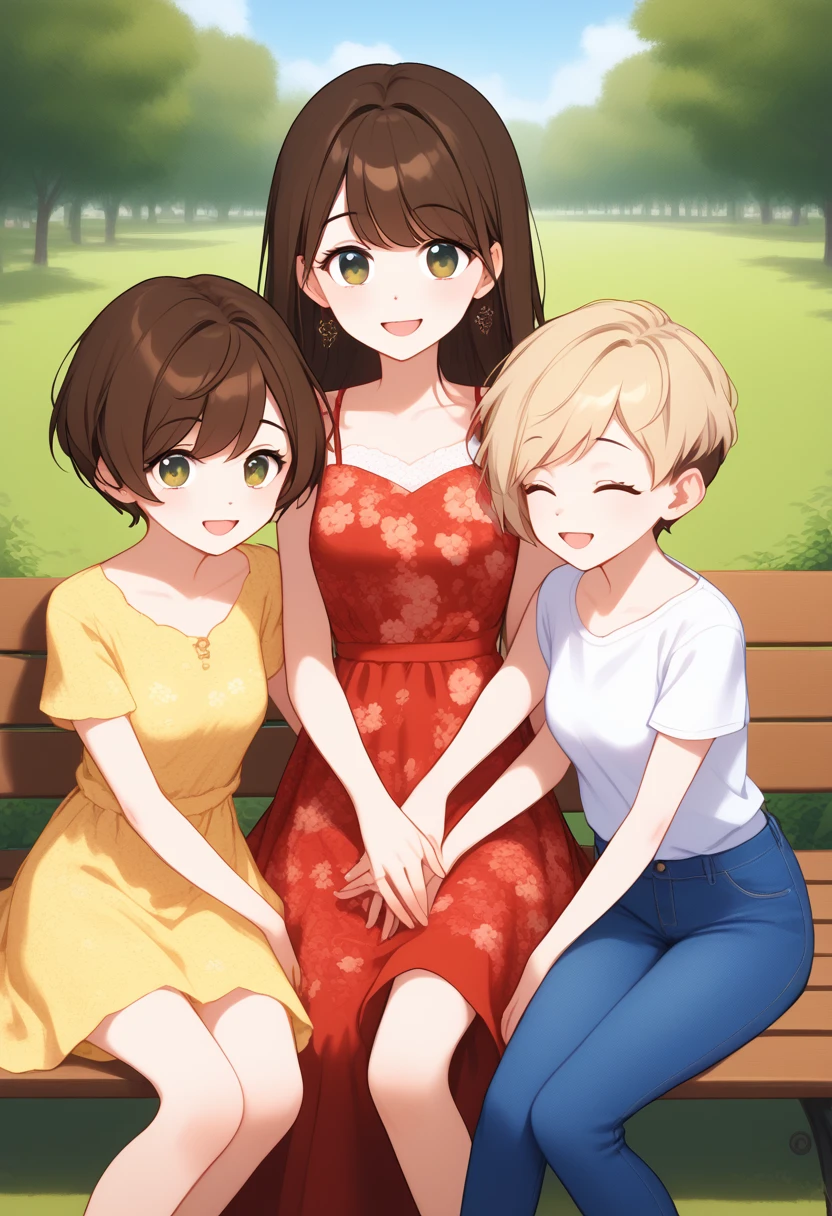 - Scene: A lively park where three women are interacting.

- Character A:
  - Hair: Long, flowing, dark brown hair
  - Eyes: Blue, sparkling
  - Outfit: Red dress with floral patterns
  - Expression: Smiling brightly
  - Action: Standing close to Character C, holding her hand

- Character B:
  - Hair: Short, pixie cut, light blonde
  - Eyes: Green, vibrant
  - Outfit: White blouse and blue jeans
  - Expression: Laughing joyfully
  - Action: Sitting on a bench next to Character C, engaged in conversation

- Character C:
  - Hair: Medium-length, wavy, chestnut brown
  - Eyes: Hazel
  - Outfit: Yellow shirt and a flowing skirt
  - Expression: Calm and content
  - Action: Sitting on the ground, enjoying the time with A and B

- Background: A park with lush green trees, a gentle breeze, and a bright, sunny day.