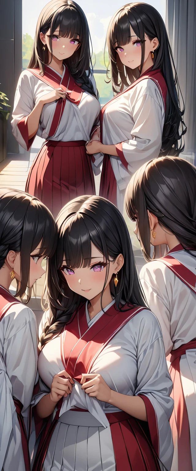 (Perfect Anatomy)、Mastepiece、Ultra High Quality、 8k、masterpiece、Highest quality、Ultra-high resolution、Maximum resolution、Very detailed、Professional Lighting、anime、Adult female、thin、so beautiful、Highly detailed eye、Highly detailed face、Golden earrings、Black Hair,、Pink eyes, , Braiding、Straight bangs、Graduation Hakama、Random Pause