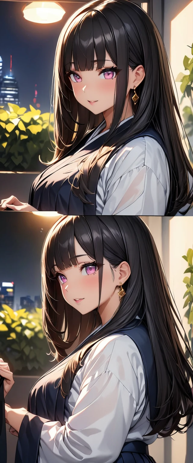 (Perfect Anatomy)、Mastepiece、Ultra High Quality、 8k、masterpiece、Highest quality、Ultra-high resolution、Maximum resolution、Very detailed、Professional Lighting、anime、Adult female、thin、so beautiful、Highly detailed eye、Highly detailed face、Golden earrings、Black Hair,、Pink eyes, , Braiding、Straight bangs、Graduation Hakama、Random Pause