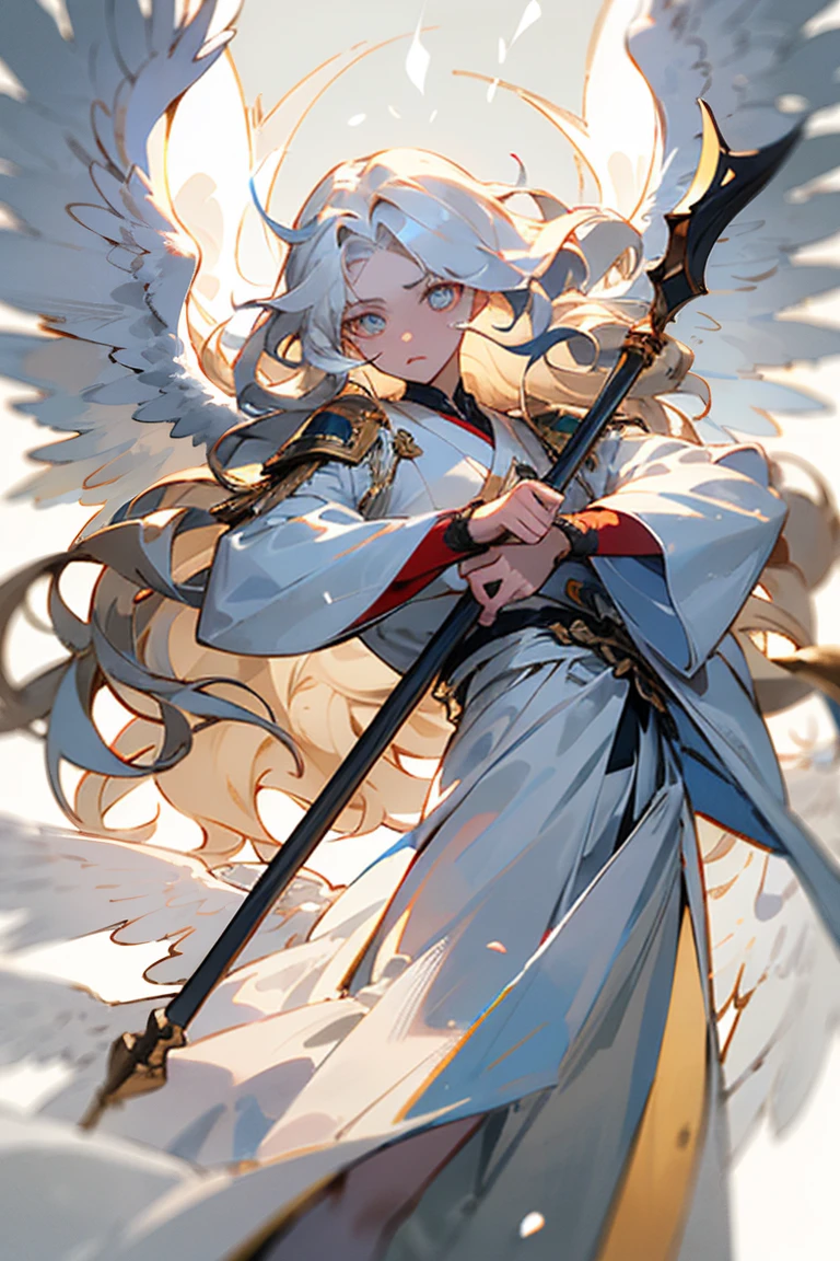 ((best quality)), ((masterpiece)), (detailed), Male, long hair, wavy hair, white hair, white pupils, white clothes, holding white staff, wings, white Flames