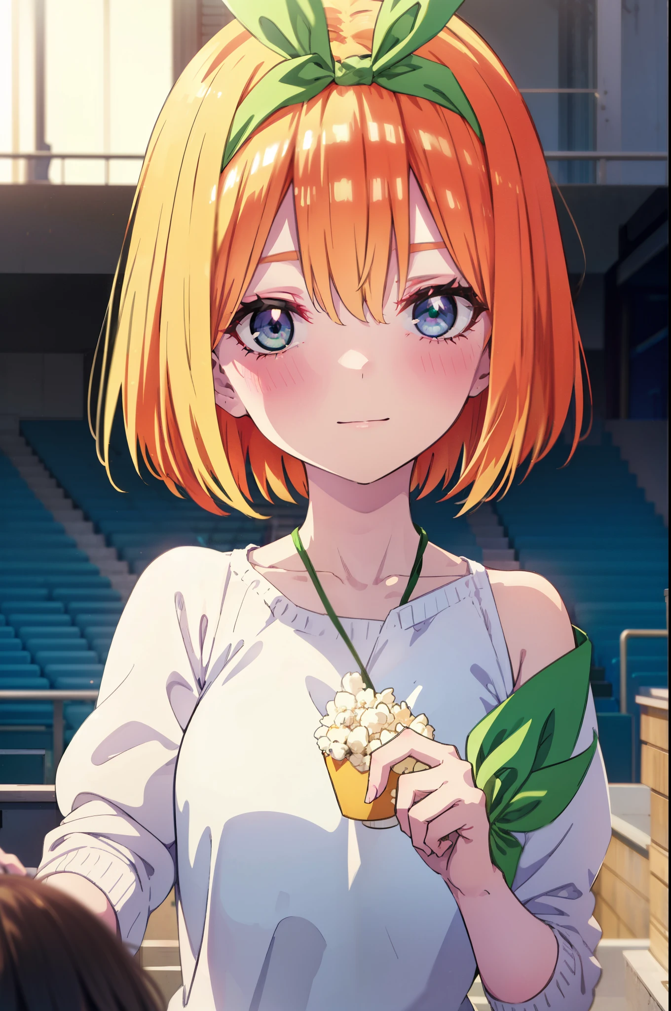 Yotsubanakano, Fourth floor Nakano, bangs, short hair, blue eyes, Hair between the eyes, hair ribbon, hair band, Orange Hair, (Green ribbon:1.5), smile, blush,Open your mouth,Off-the-shoulder mini skirt one-piece dress,Bare neck,bare clavicle,Bare shoulders,Rocket Pendant,Cute heeled sandals,Holding popcorn in both hands,Turning around,whole bodyがイラストに入るように,
break indoors, Stadium,Arena,
break looking at viewer, whole body,
break (masterpiece:1.2), Highest quality, High resolution, unity 8k wallpaper, (figure:0.8), (Beautiful attention to detail:1.6), Highly detailed face, Perfect lighting, Highly detailed CG, (Perfect hands, Perfect Anatomy),