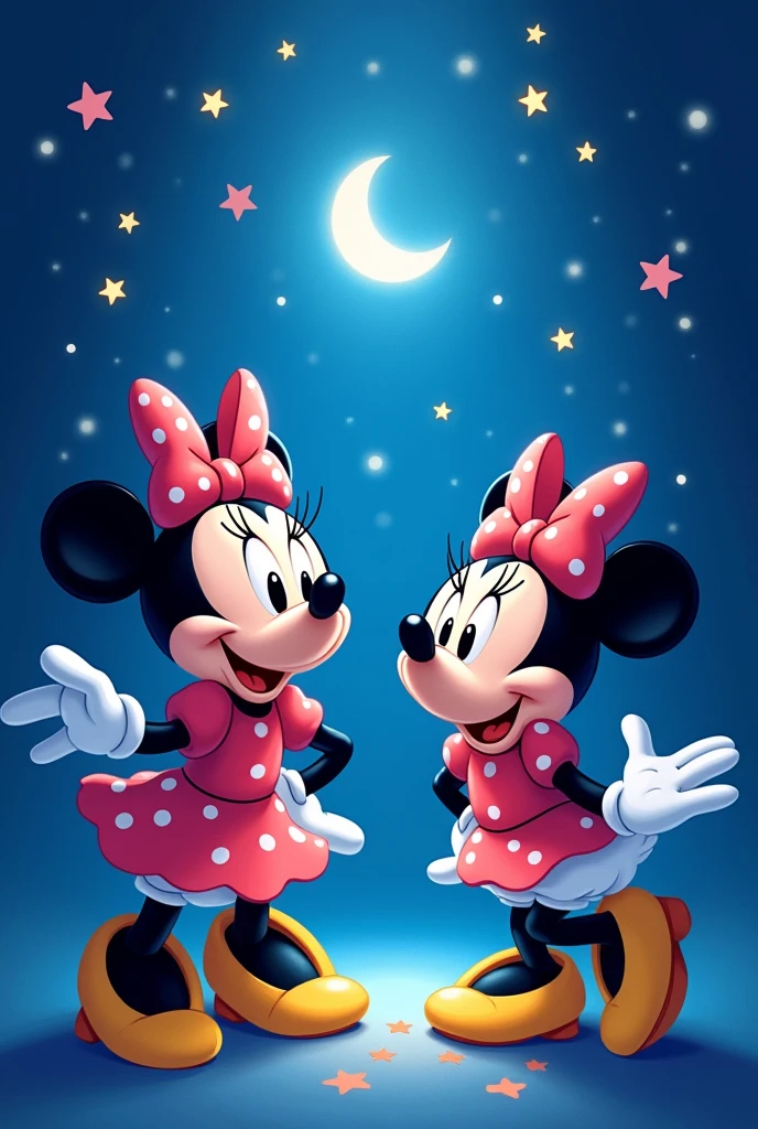 Royal blue background with Minnie and Daisy duck with stars around and the moon