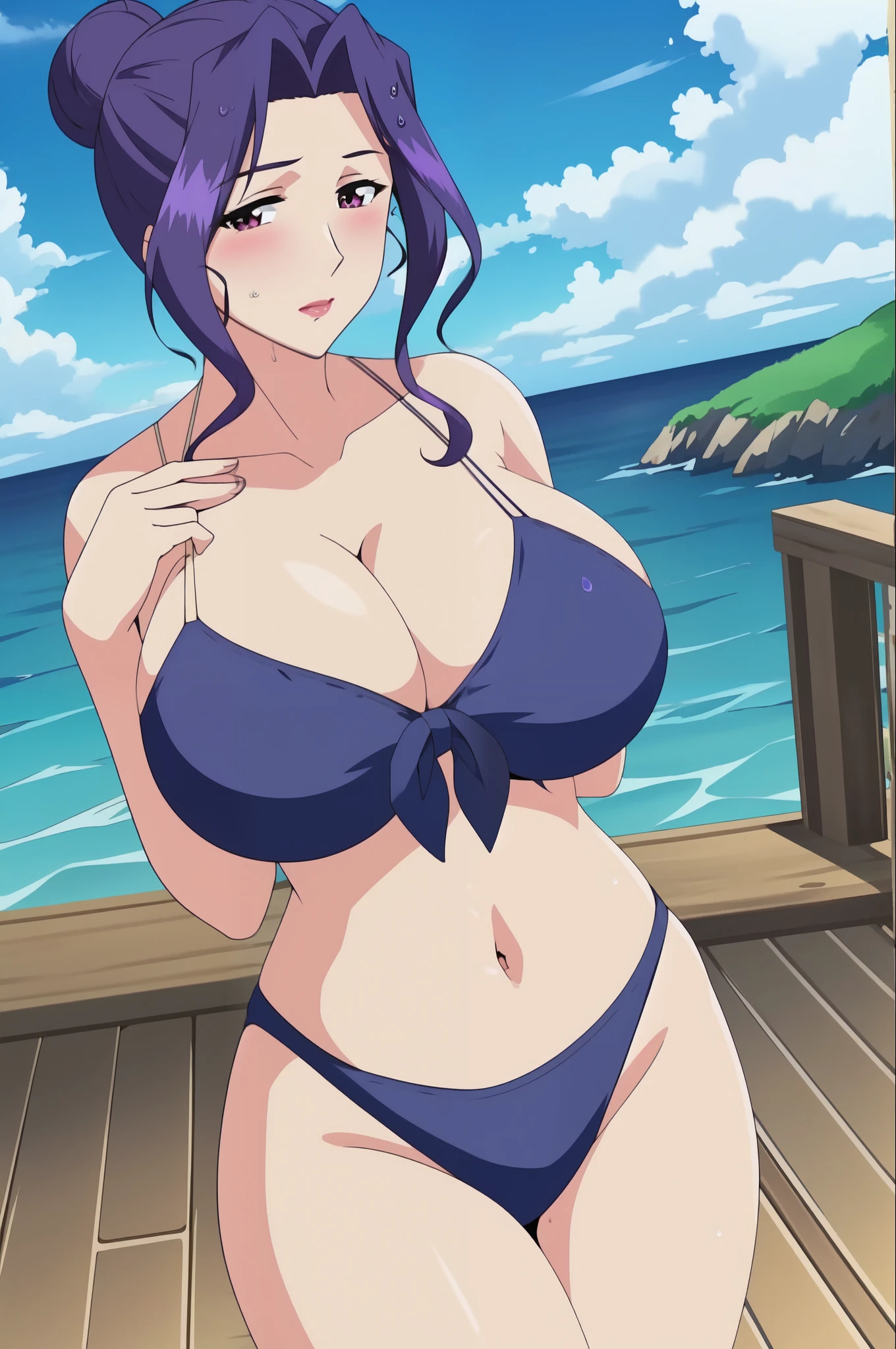 mature woman , 1girl, breasts, solo, swimsuit, bikini, bun , purple hair, cleavage, polka dot bikini, blush, polka dot, day, sky,  , huge breasts, wide hips, cloud, outdoors, looking at viewer, purple eyes, water, , black bikini, front-tie top, blue sky, wet, ocean, collarbone, (MAaster piece: 1.0), (best_quality: 1.0), ultra high resolution, 4K, ultra detailed, photography, 8K, HDR,
