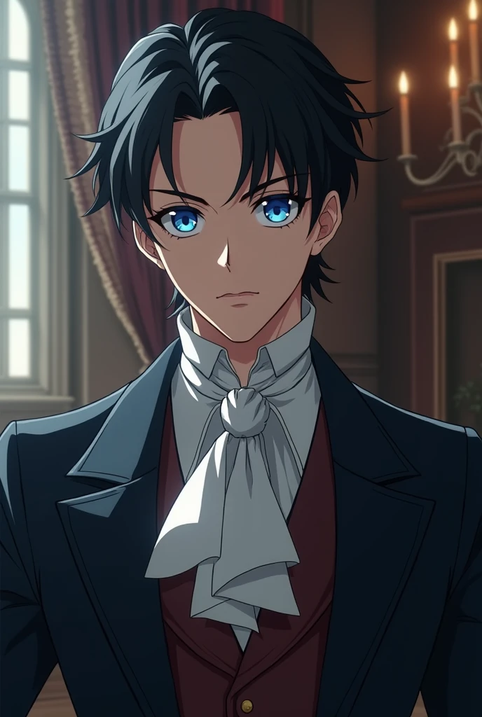 A young man, similar to satoru gojo, but western features, black hair and very blue eyes, wearing noble Victorian clothes