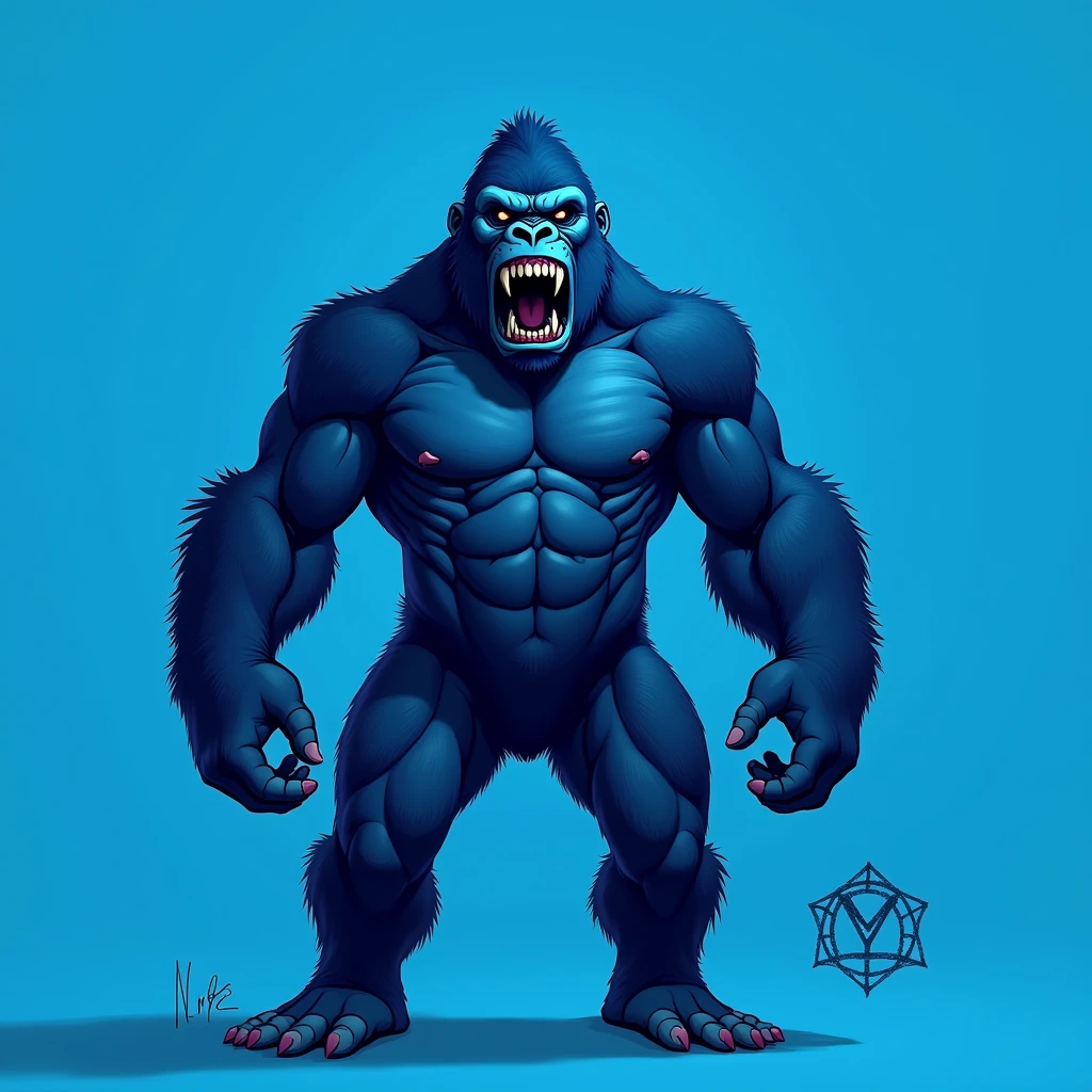 Blue gorilla, blue plain background, angry , logo , weak, noble, mysterious , victorious