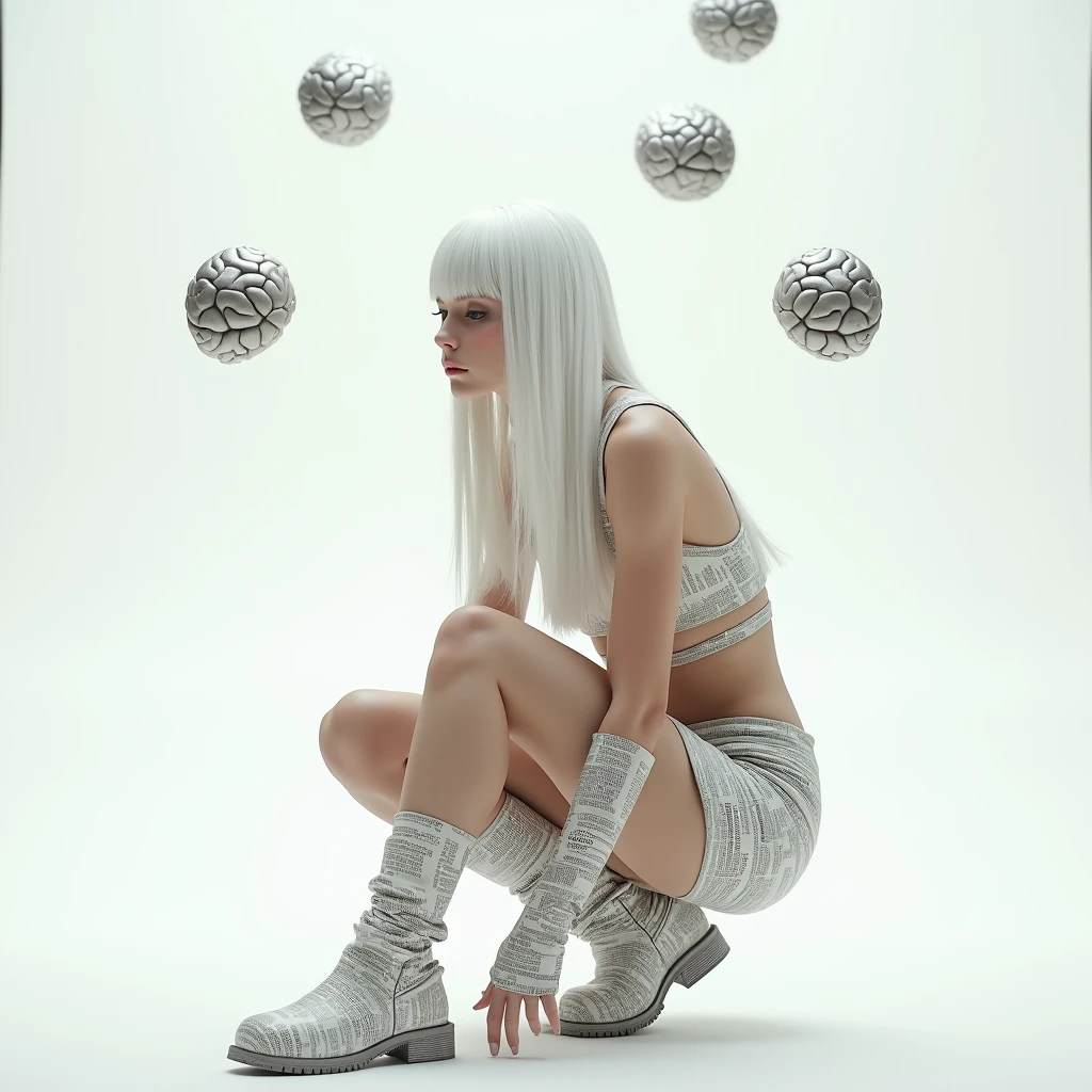 A woman with long straight white hair,she will wear a paper crop top made from newspaper,a mini paper skirt made from newspaper and a boot made from newspaper,she will be crouched and the background will be white with little metallic brains floating in the background,I want her beautiful ,she will wear a newspaper glove
