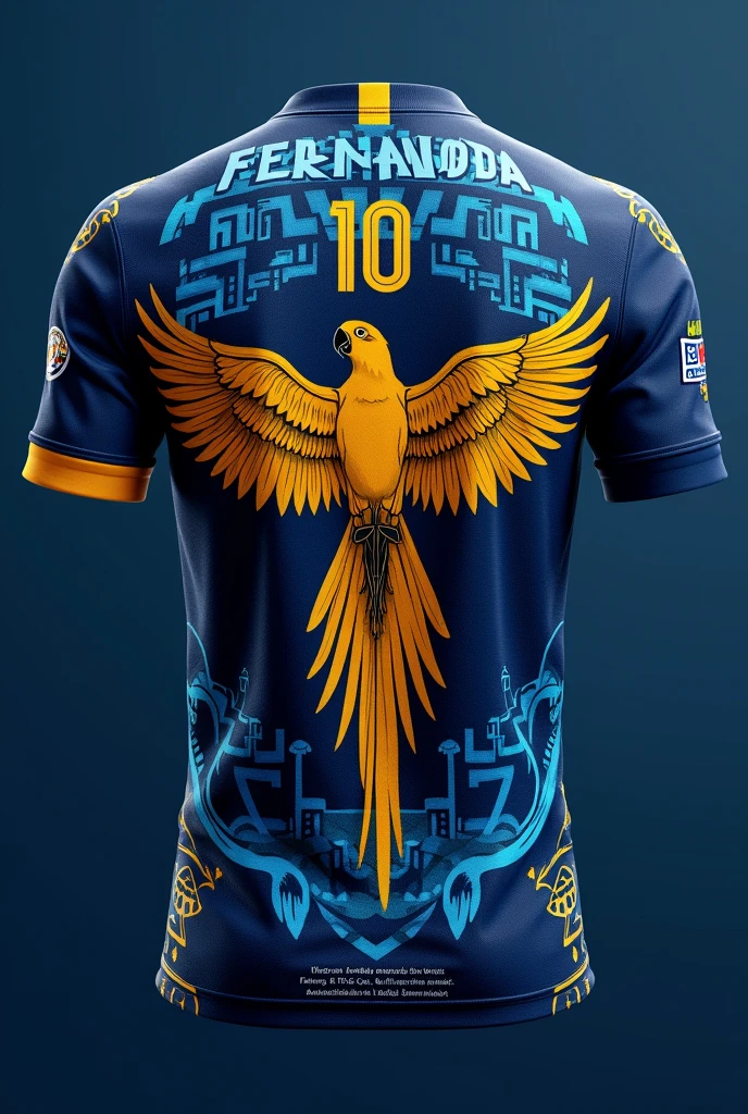 Dark Blue Football Shirt Back Indigenous Details: indigenous details in a light blue with geometric and traditional shapes throughout the shirt On the back a large open golden macaw flying in the center of the shirt with white details Number ten in black on top of the macaw And the name Fernanda at the bottom 